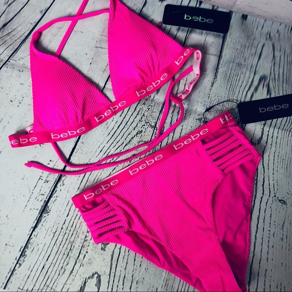 Bebe Hot Pink Strappy Bikini Triangle Top High Waist Bottom S